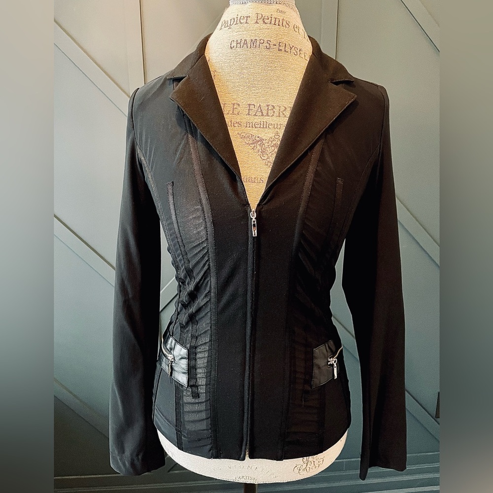 Simon Chang Sheer Black Blazer. Faux pockets with zipper accent. Size Small.